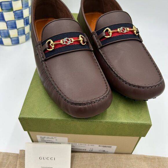 Men’s Gucci Aryton web striped leather driver loafers size 13 fits 13.5 US - Picture 3 of 11